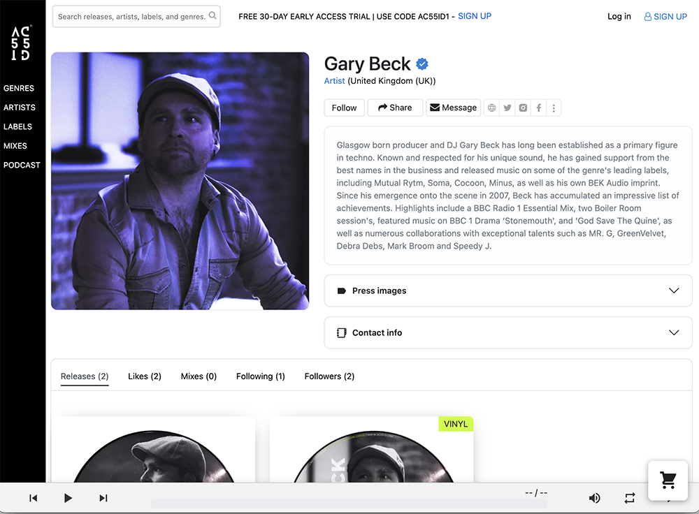 a screenshot of the artist Gary Beck's artist page on ACC5id