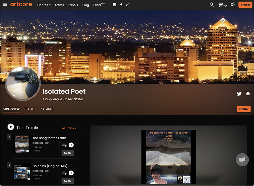 a screenshot of the artist Isolated Poet's artist page on Artcore