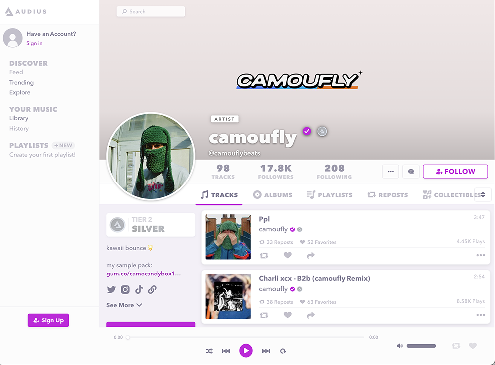 a screenshot of the artist Camoufly's artist page on Audius