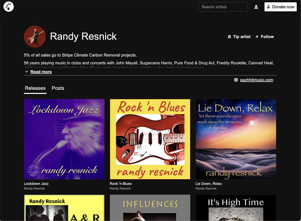 a screenshot of the artist Randy Resnick's artist page on Mirlo