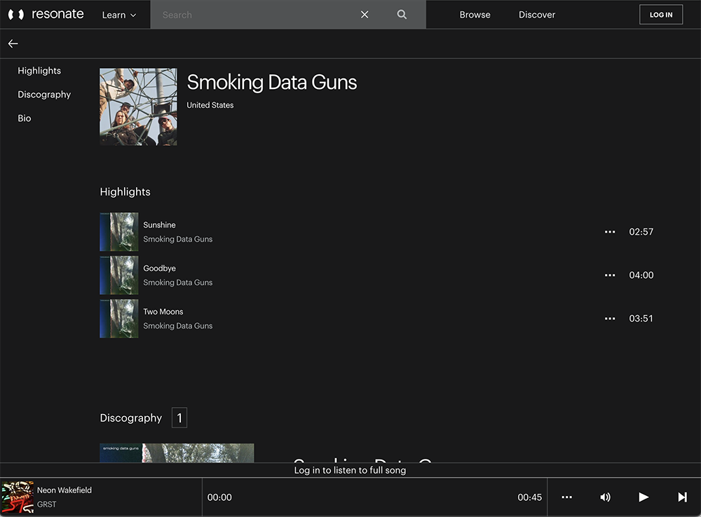 a screenshot of the artist Smoking Data Guns' artist page on Resonate